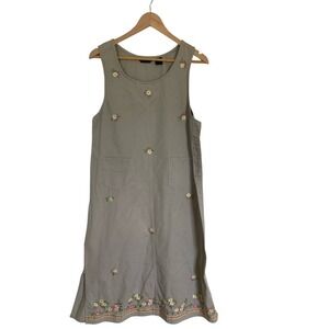 Vtg Agapo Embroidered Floral Tan Khaki Jumper Dress Size MP Midi Cottage Modest